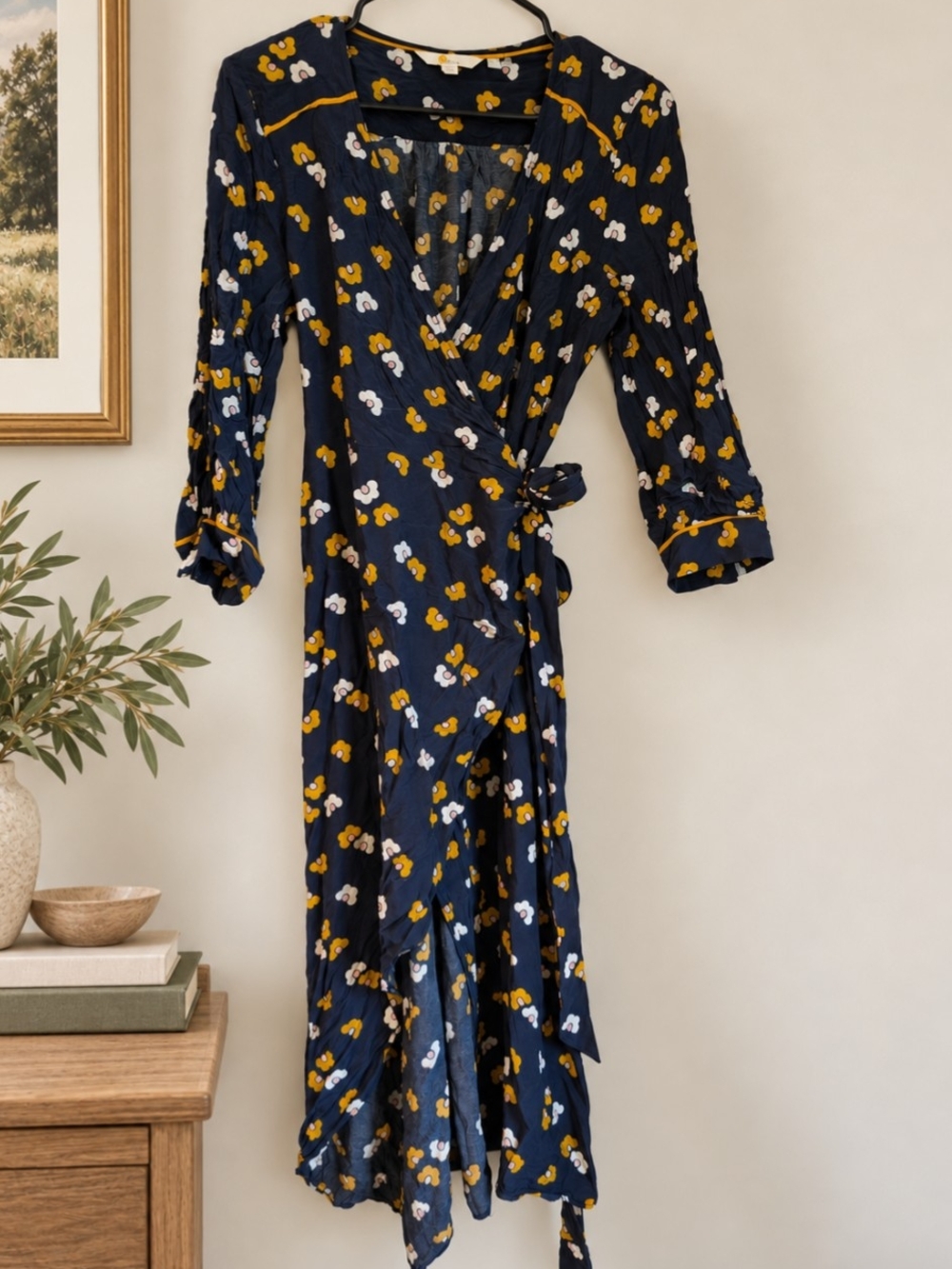 Boden Navy Floral Wrap Dress with Yellow and White Flowers
